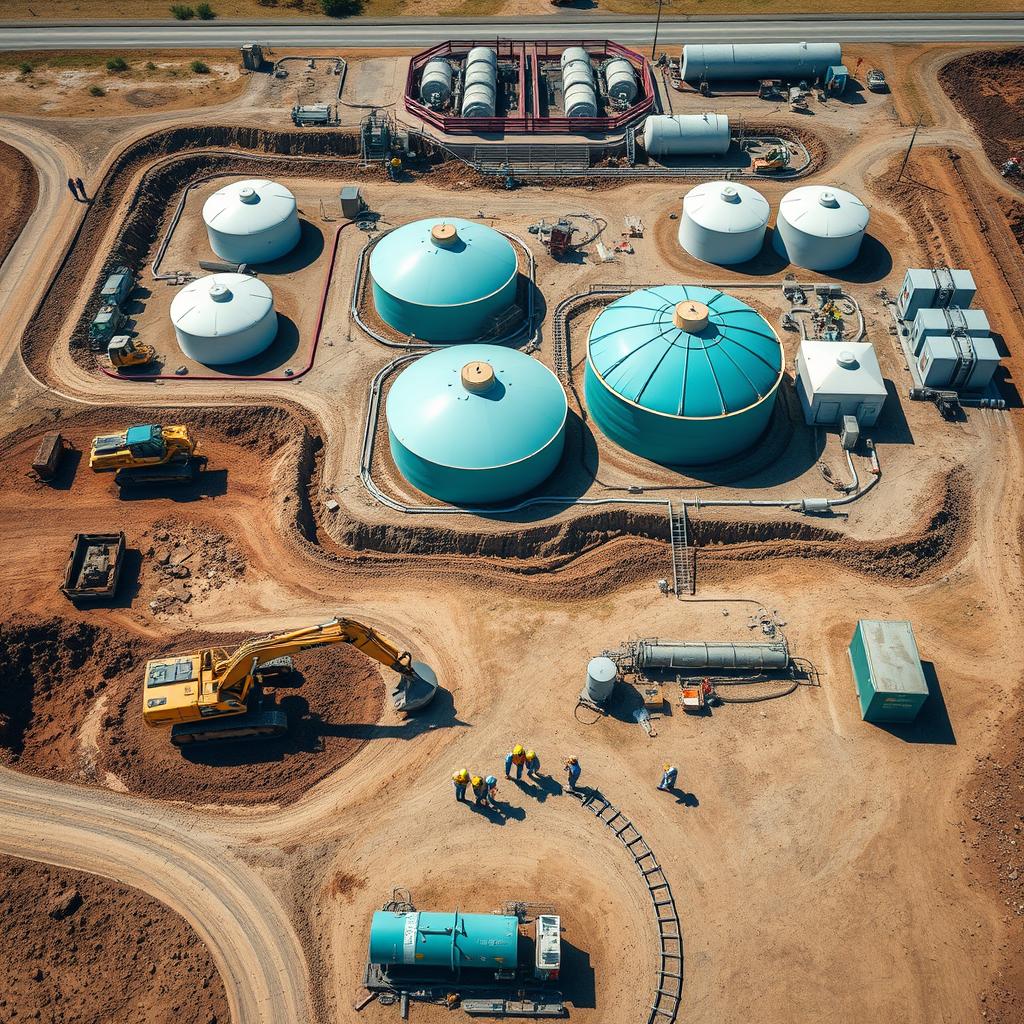 Aerial view of an environmental remediation site with excavation and treatment equipment